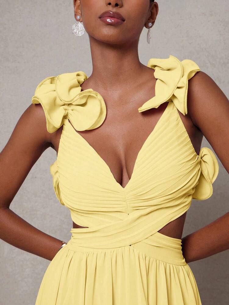 Women's Strappy Back Maxi Dress With Ruffle Shoulders Pleated Cut Out Detail Elegant Flowy Summer Outfit Wedding Guest Party Clothing