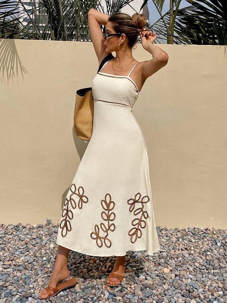 Women's Leaf Embroidered Vacation Dress Elegant Summer Outfit Casual Bohemian Style Sundress Romantic Beach Party Clothing For Women