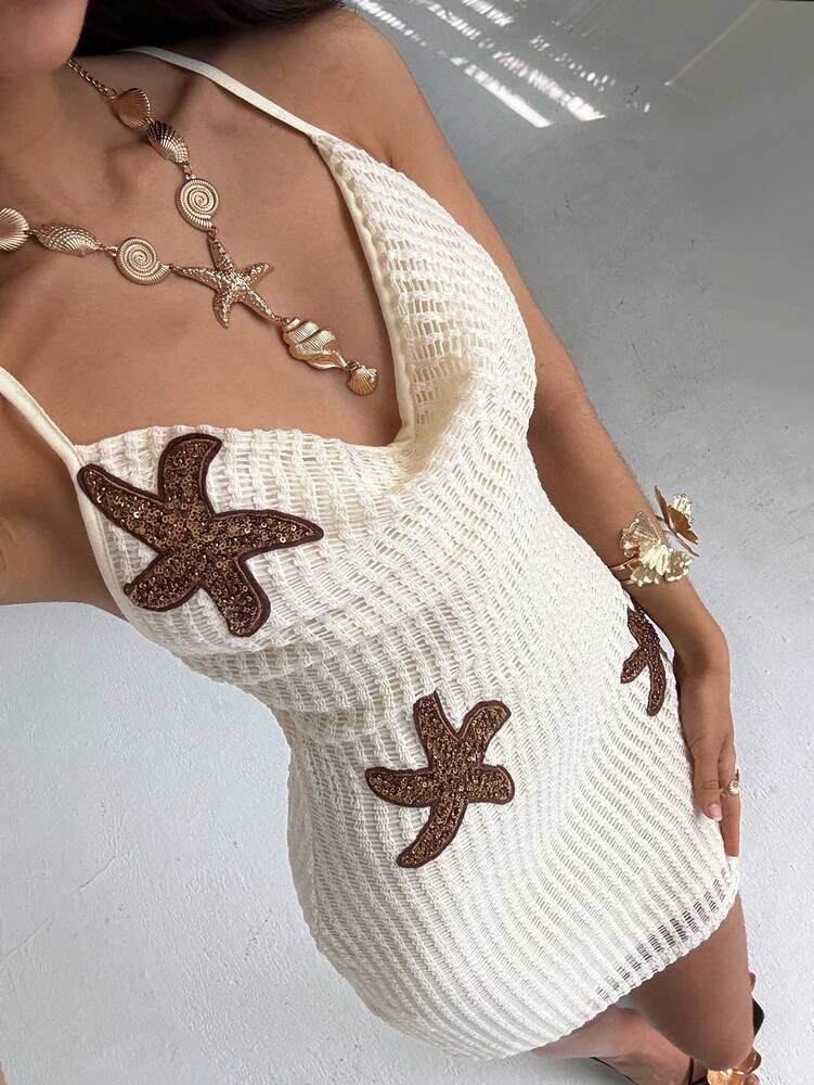Women's Starfish Applique Mini Dress With Ruffle Straps Open Back Crochet Fabric Summer Outfit Vacation Boho Tropical Beachwear Style