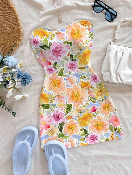 Women's Floral Print Bandeau Mini Dress Elegant Casual Vacation Outfit Chic Summer Sundress Romantic Beachwear Party Clothing For Women