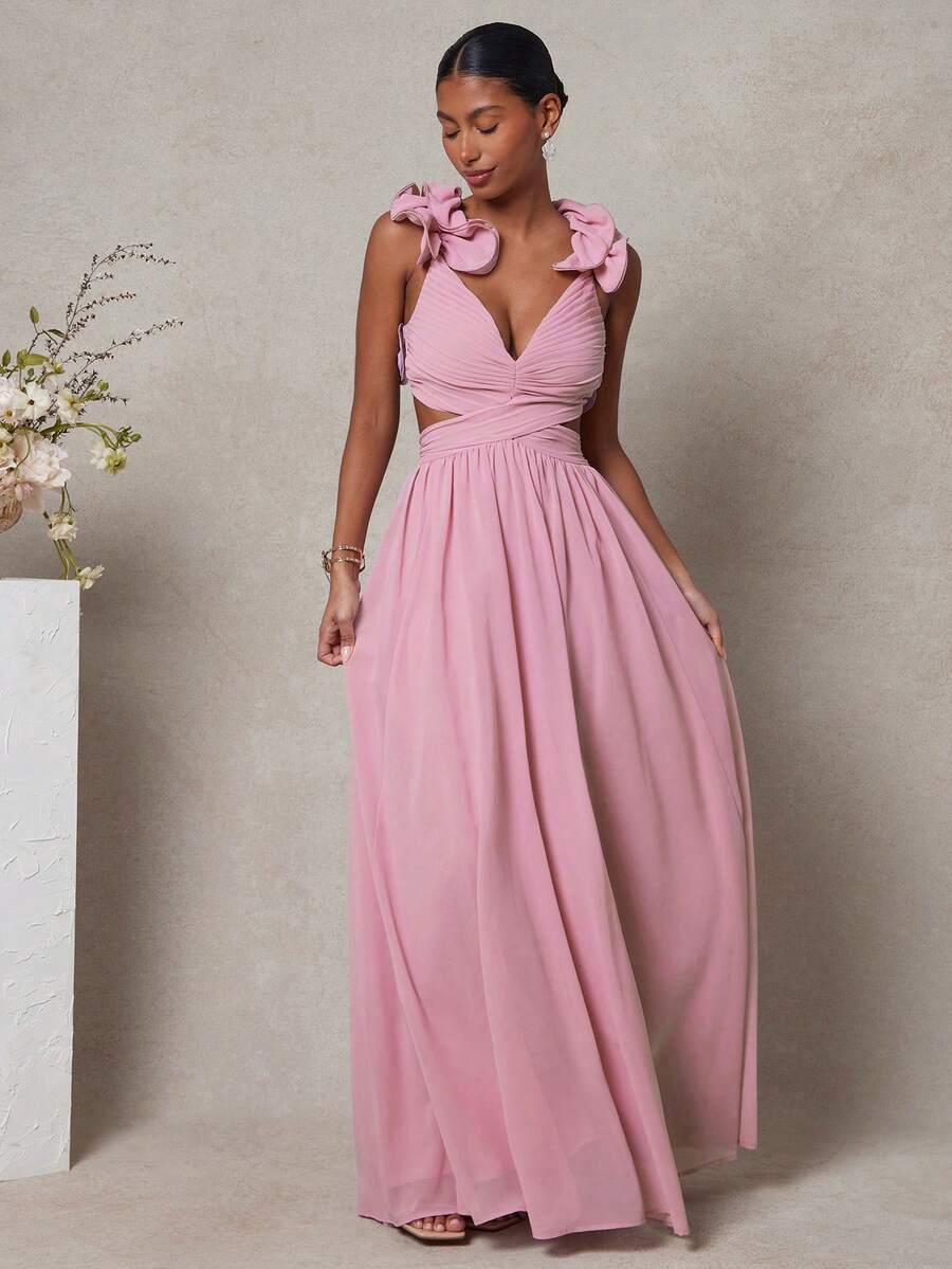 Women's Strappy Back Maxi Dress With Ruffle Shoulders Pleated Cut Out Detail Elegant Flowy Summer Outfit Wedding Guest Party Clothing