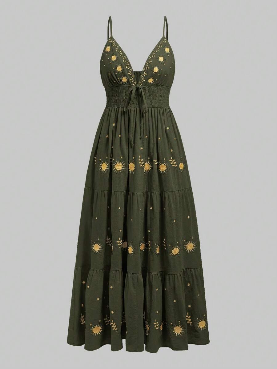 Women's Star Embroidered A Line Dress Spaghetti Strap Fairycore Renaissance Holiday Outfit Casual Vacation Romantic Sundress For Women