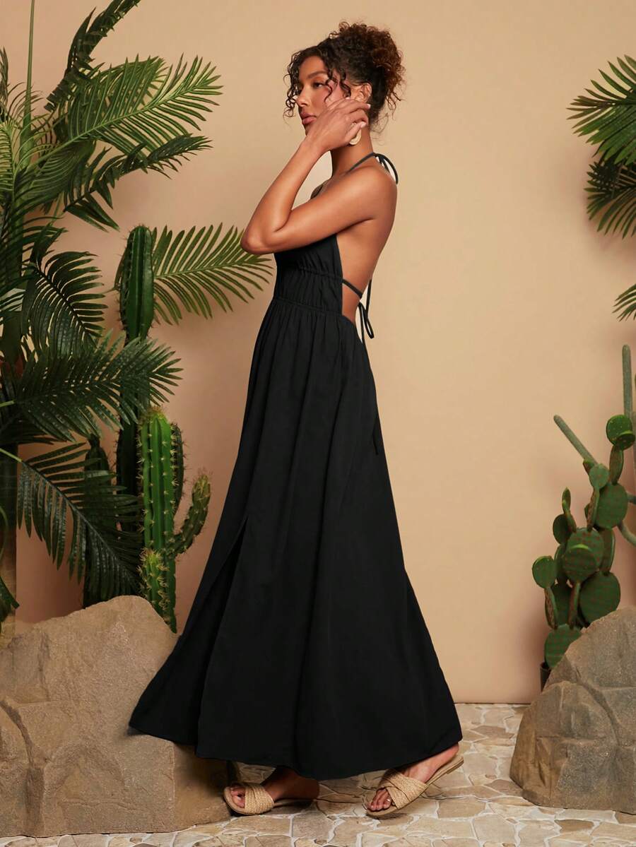 Women's Green Halter Neck Maxi Dress Woven V Neck With Slit Hem Elegant Summer Vacation Outfit Beach Party Boho Festival Casual Wear
