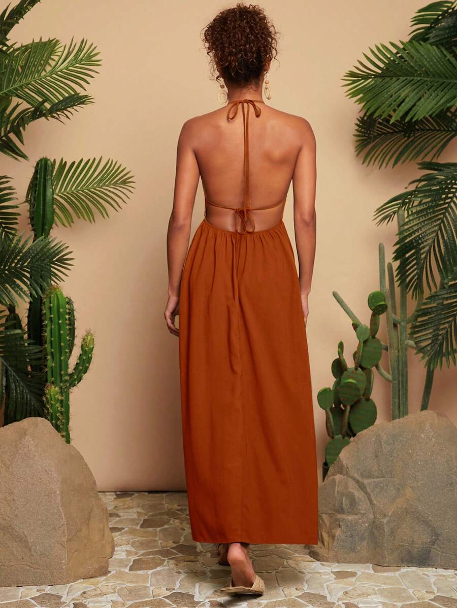 Women's Green Halter Neck Maxi Dress Woven V Neck With Slit Hem Elegant Summer Vacation Outfit Beach Party Boho Festival Casual Wear