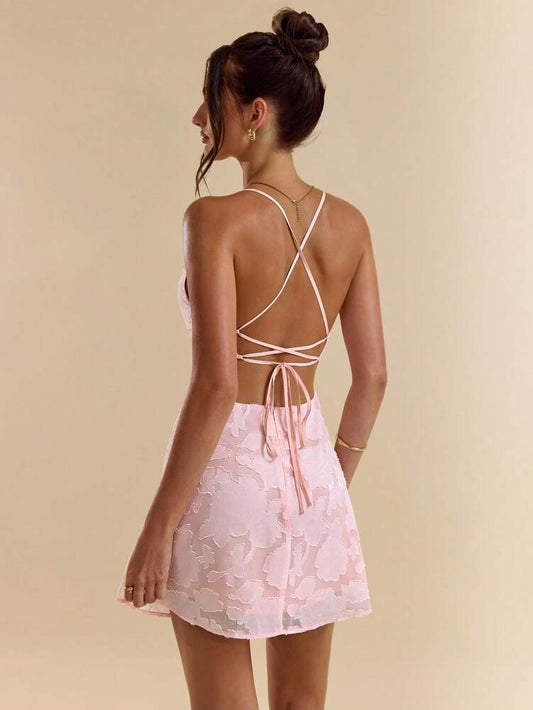 Women's Pink Off Shoulder Lace Trim Mini Dress With Ruffle Hem Sexy Summer Outfit Vacation Backless Party Sundress Pastel Elegant Wear
