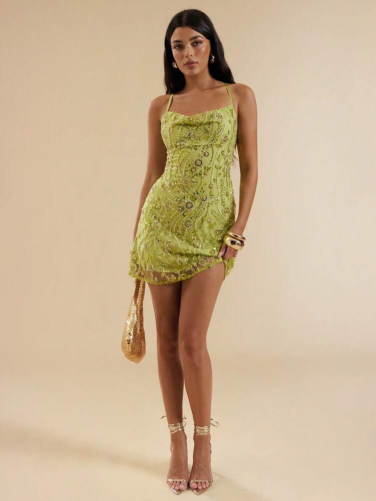 Women's Spaghetti Strap Mini Dress With Beaded Floral Detail Backless Sexy Elegant Summer Outfit Club Party Vacation Sundress For Women