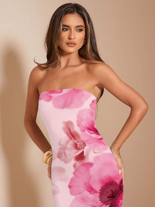 Women's Bandeau Fitted Long Dress Pink Floral Elegant Maxi Outfit Summer Vacation Beach Holiday Party Birthday Wedding Guest Sundress