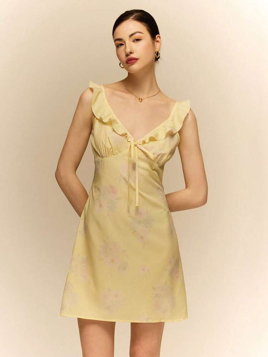 Women's Floral Print Ruffle Trim Cami Mini Dress Light Yellow Elegant Summer Outfit Vacation Casual Pastel Sundress Cute Romantic Wear