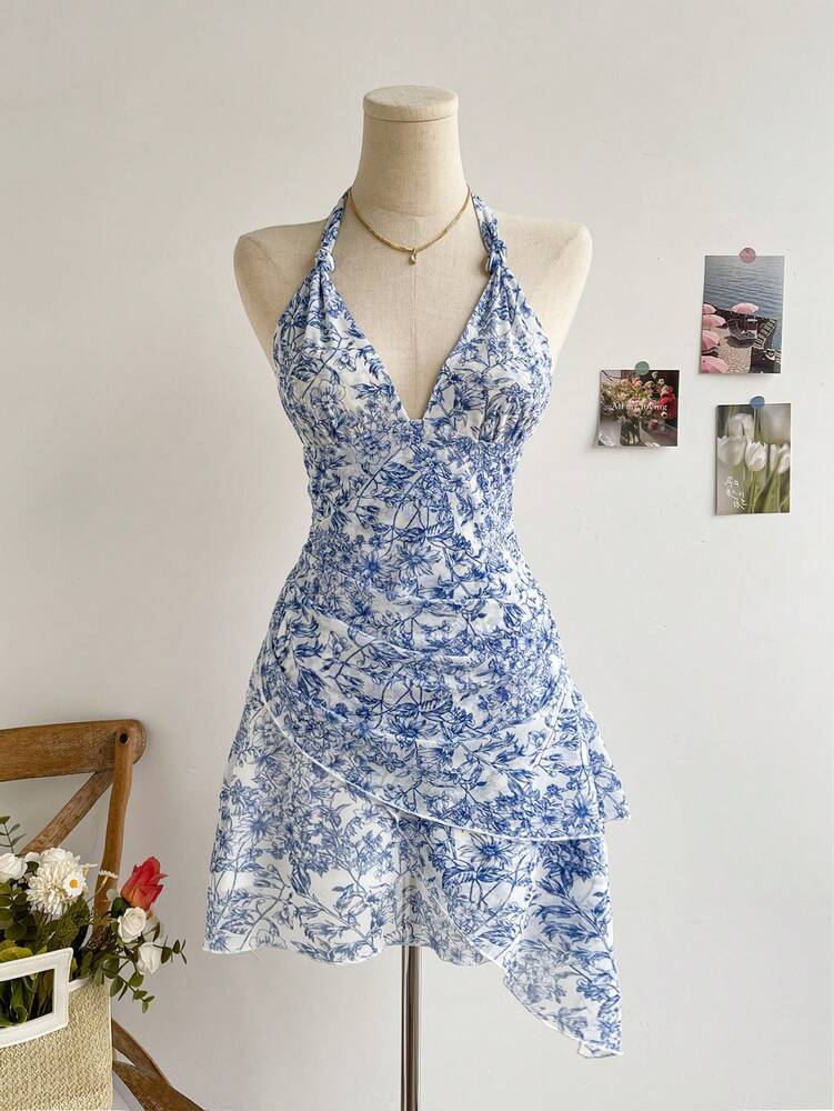 Women's Vintage Floral Mesh Dress Blue White Print V Neck Tie Up Ruched Romantic Summer Outfit Vacation Pastel Sundress For Women