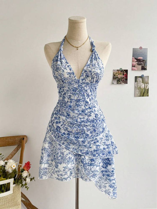 Women's Vintage Floral Mesh Dress Blue White Print V Neck Tie Up Ruched Romantic Summer Outfit Vacation Pastel Sundress For Women