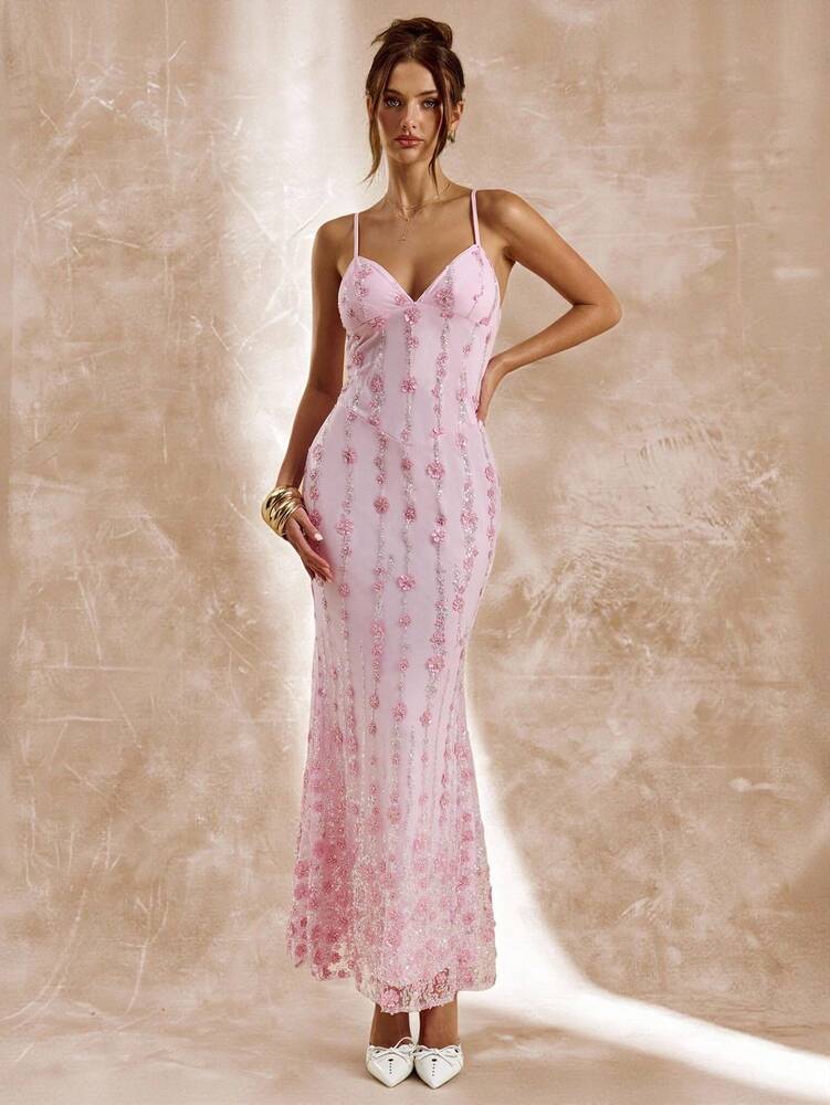 Women's Pink Sequin Spaghetti Strap Long Dress Elegant Summer Outfit Vacation Party Birthday Wedding Guest Sundress Beach Holiday Wear