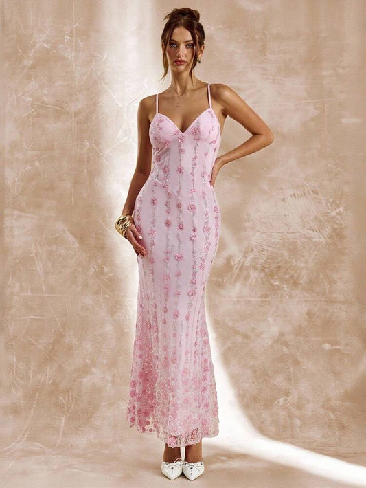 Women's Pink Sequin Spaghetti Strap Long Dress Elegant Summer Outfit Vacation Party Birthday Wedding Guest Sundress Beach Holiday Wear