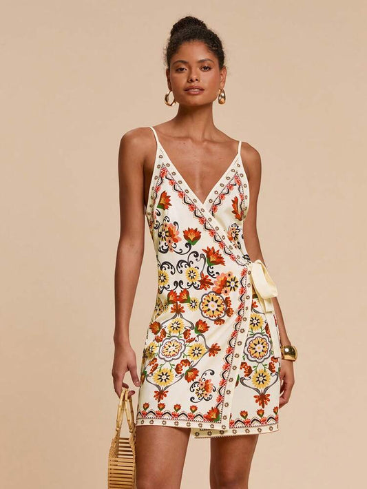Women's Bohemian Print Bow Knot Wrap Dress Vacation Beach Party Outfit Black Parrot Cherry Blossom Tropical Summer Sundress Casual Wear