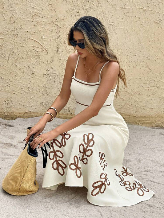 Women's Leaf Embroidered Vacation Dress Elegant Summer Outfit Casual Bohemian Style Sundress Romantic Beach Party Clothing For Women