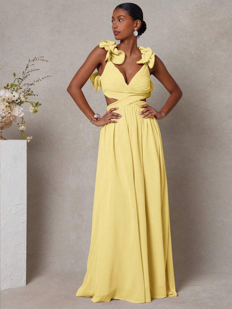 Women's Strappy Back Maxi Dress With Ruffle Shoulders Pleated Cut Out Detail Elegant Flowy Summer Outfit Wedding Guest Party Clothing