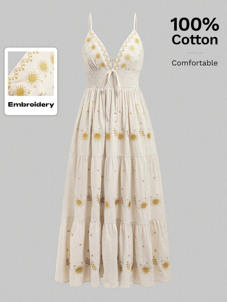Women's Star Embroidered A Line Dress Spaghetti Strap Fairycore Renaissance Holiday Outfit Casual Vacation Romantic Sundress For Women