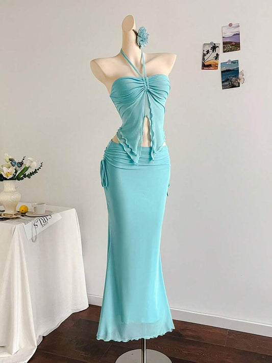 Women's Blue Mesh Strapless Two Piece Dress With Ruffle Hem Elegant Bohemian Vacation Outfit Beach Wedding Guest Birthday Party Dinner