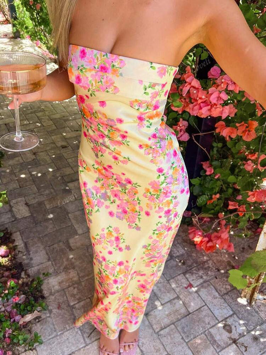 Women's Strapless Floral Maxi Dress Digital Print Backless Bodycon Sexy Summer Party Outfit Vacation Beach Formal Cocktail Sundress