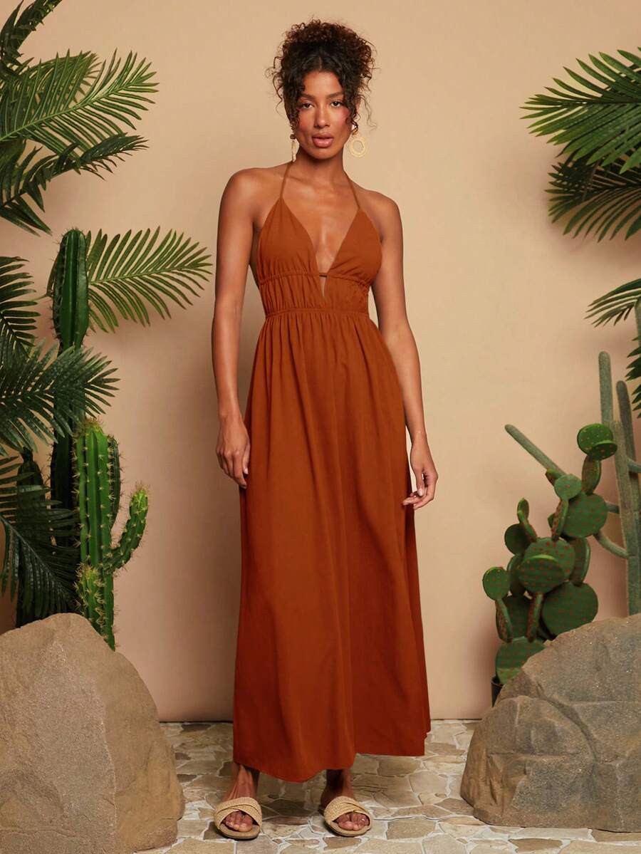 Women's Green Halter Neck Maxi Dress Woven V Neck With Slit Hem Elegant Summer Vacation Outfit Beach Party Boho Festival Casual Wear