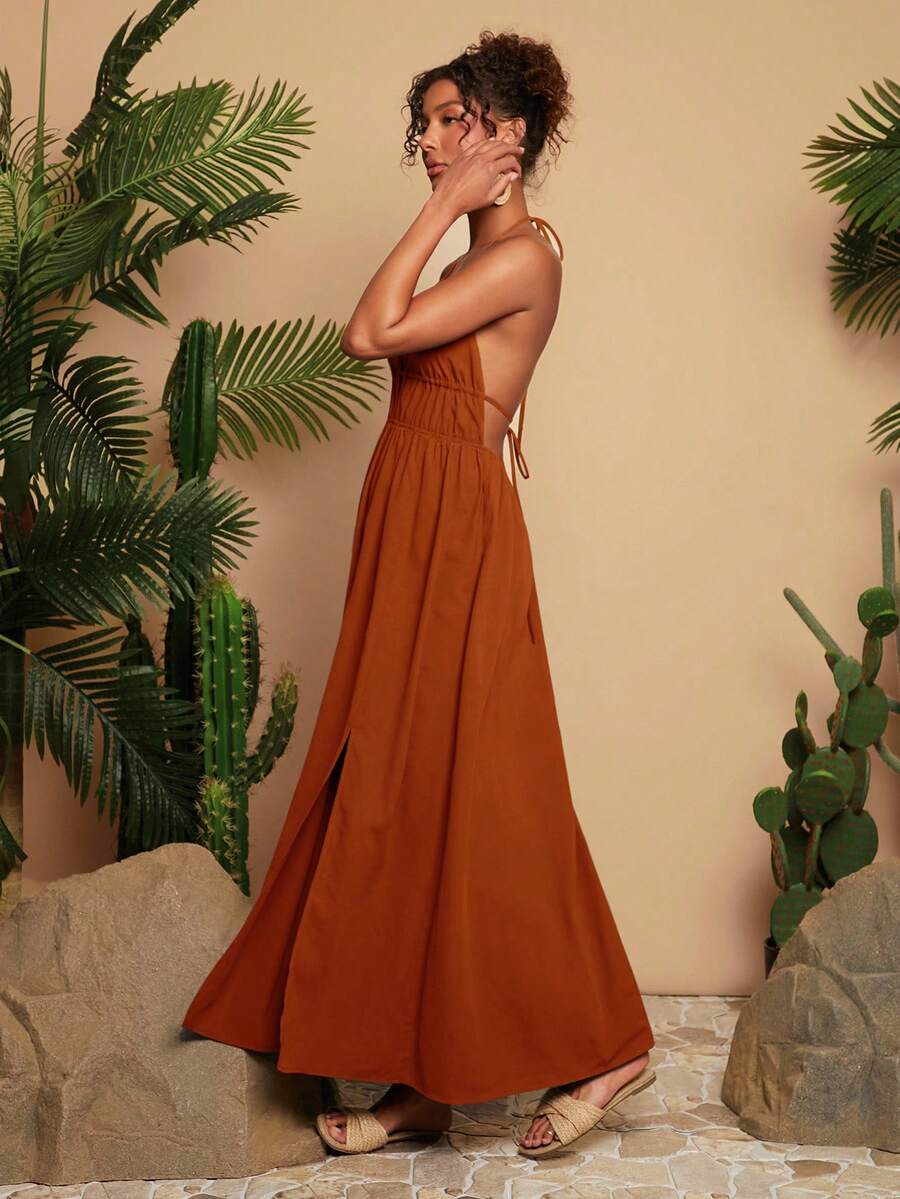 Women's Green Halter Neck Maxi Dress Woven V Neck With Slit Hem Elegant Summer Vacation Outfit Beach Party Boho Festival Casual Wear