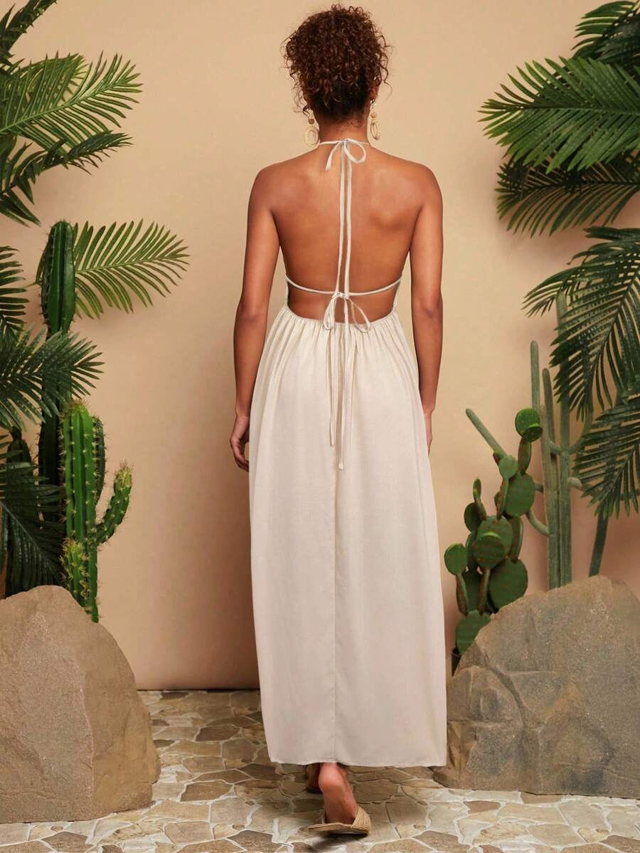 Women's Green Halter Neck Maxi Dress Woven V Neck With Slit Hem Elegant Summer Vacation Outfit Beach Party Boho Festival Casual Wear