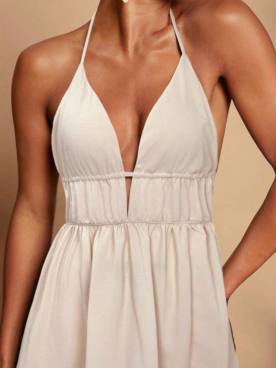 Women's Green Halter Neck Maxi Dress Woven V Neck With Slit Hem Elegant Summer Vacation Outfit Beach Party Boho Festival Casual Wear