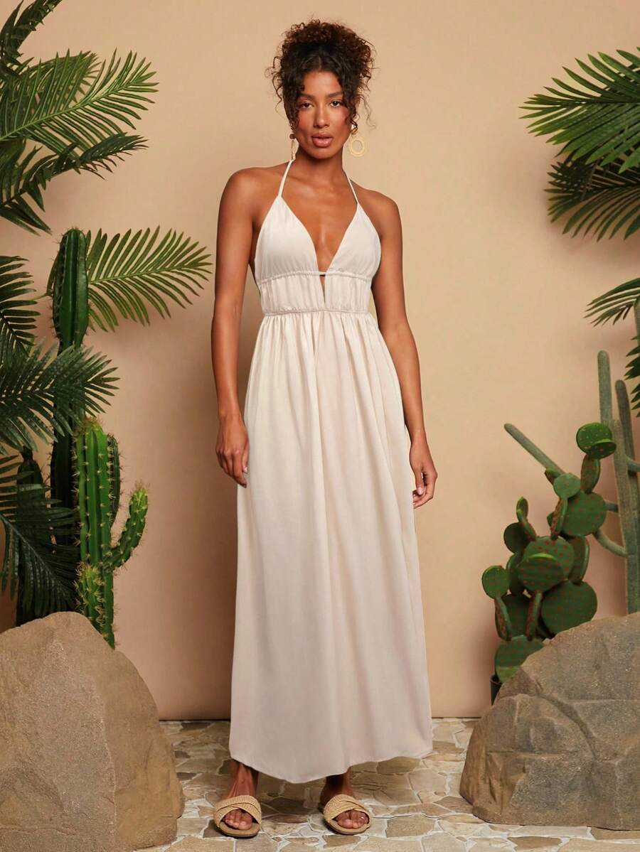 Women's Green Halter Neck Maxi Dress Woven V Neck With Slit Hem Elegant Summer Vacation Outfit Beach Party Boho Festival Casual Wear