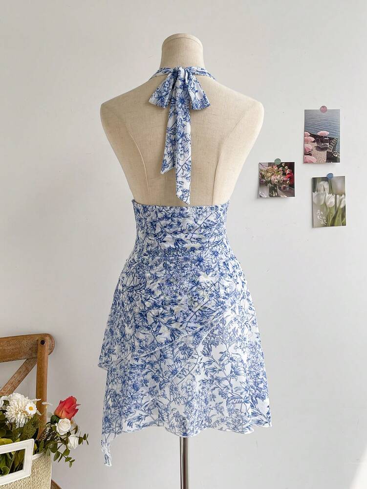 Women's Vintage Floral Mesh Dress Blue White Print V Neck Tie Up Ruched Romantic Summer Outfit Vacation Pastel Sundress For Women