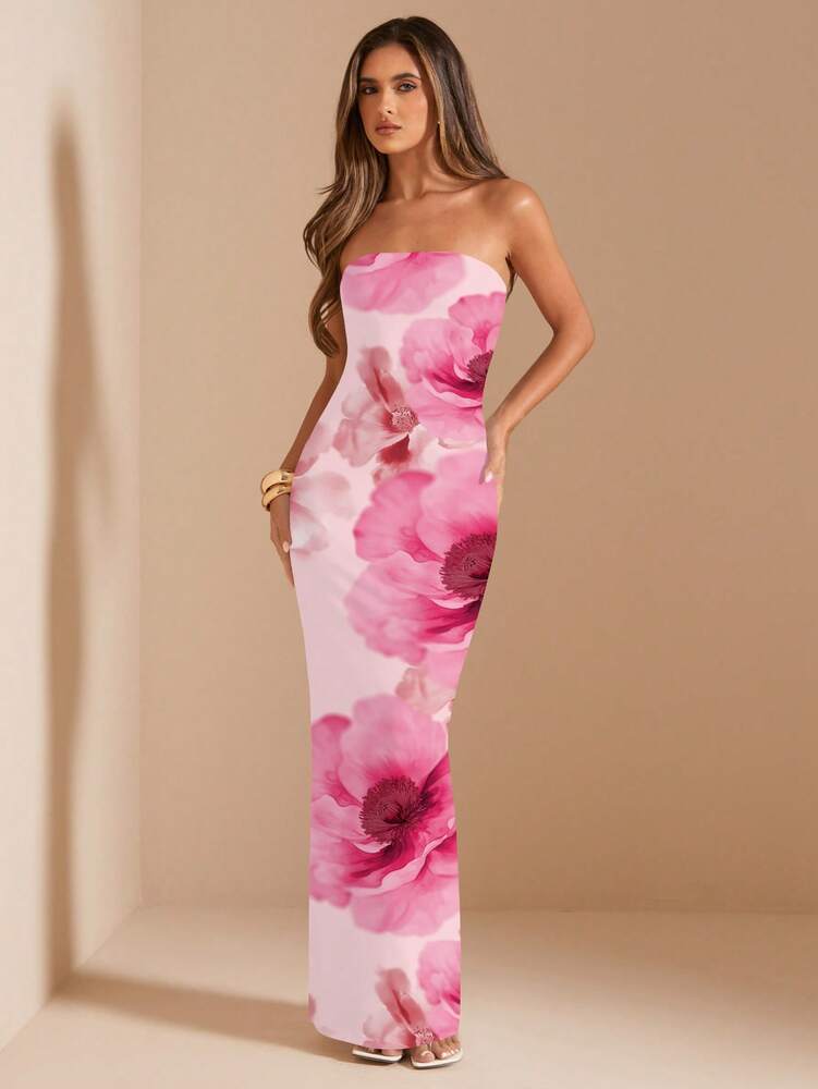 Women's Bandeau Fitted Long Dress Pink Floral Elegant Maxi Outfit Summer Vacation Beach Holiday Party Birthday Wedding Guest Sundress