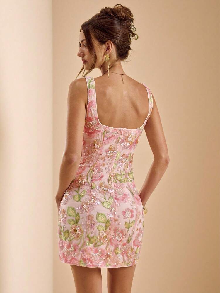 Women's Rhinestone Sequin Floral Mini Dress Sexy Backless Elegant Summer Vacation Outfit Beach Holiday Party Graduation Sundress Chic