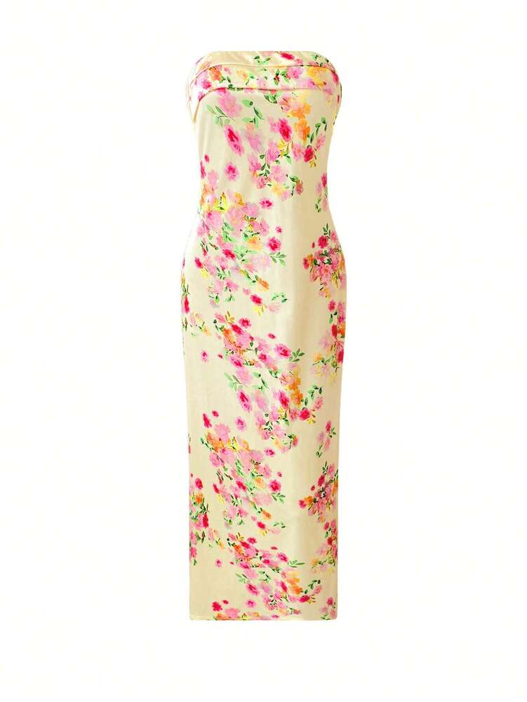 Women's Strapless Floral Maxi Dress Digital Print Backless Bodycon Sexy Summer Party Outfit Vacation Beach Formal Cocktail Sundress