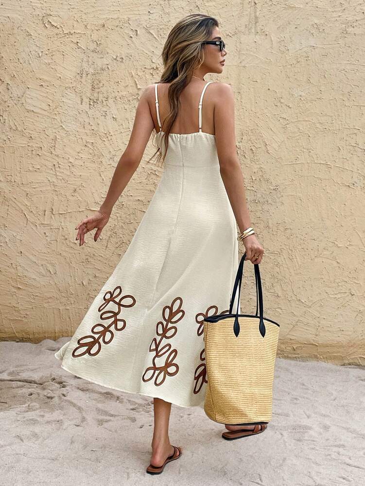 Women's Leaf Embroidered Vacation Dress Elegant Summer Outfit Casual Bohemian Style Sundress Romantic Beach Party Clothing For Women