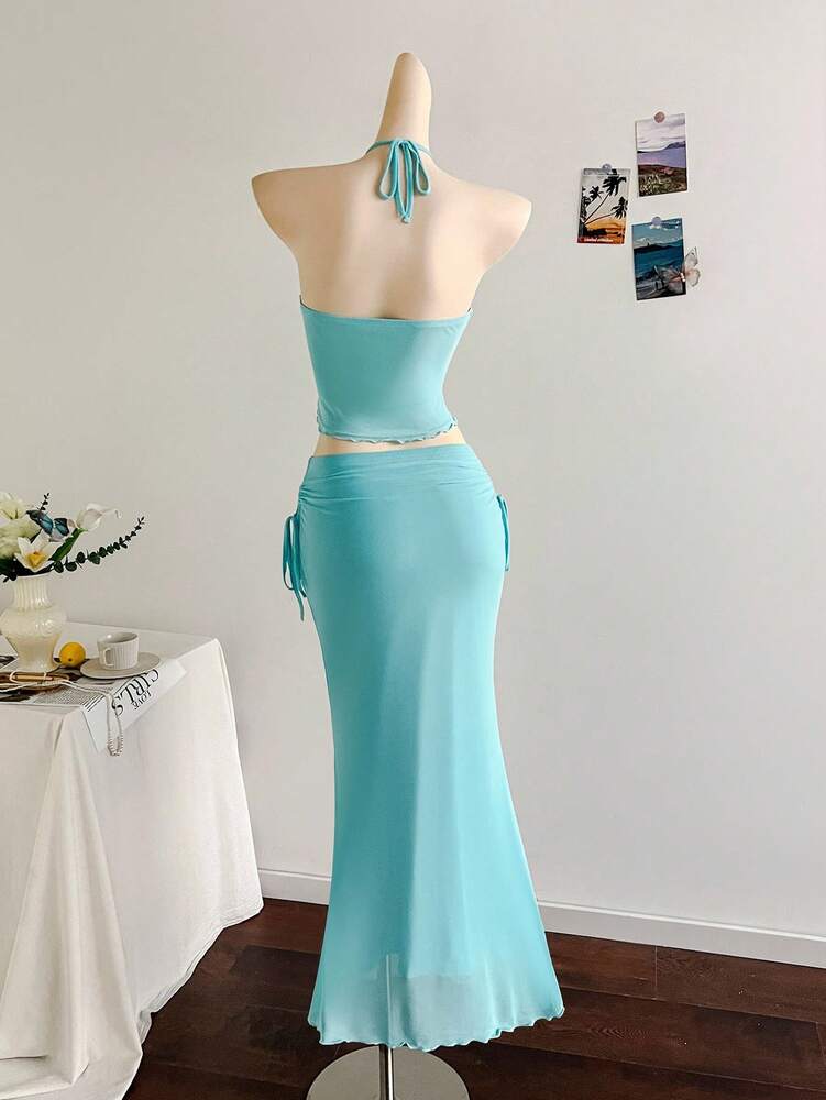 Women's Blue Mesh Strapless Two Piece Dress With Ruffle Hem Elegant Bohemian Vacation Outfit Beach Wedding Guest Birthday Party Dinner