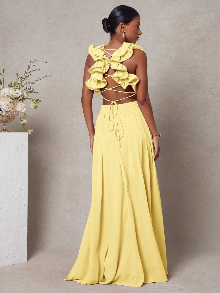 Women's Strappy Back Maxi Dress With Ruffle Shoulders Pleated Cut Out Detail Elegant Flowy Summer Outfit Wedding Guest Party Clothing
