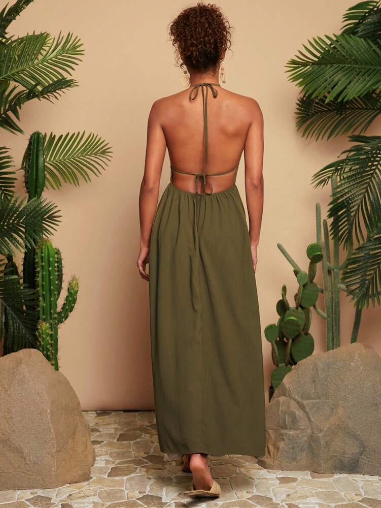 Women's Green Halter Neck Maxi Dress Woven V Neck With Slit Hem Elegant Summer Vacation Outfit Beach Party Boho Festival Casual Wear