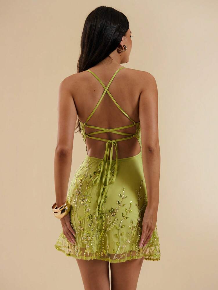 Women's Spaghetti Strap Mini Dress With Beaded Floral Detail Backless Sexy Elegant Summer Outfit Club Party Vacation Sundress For Women