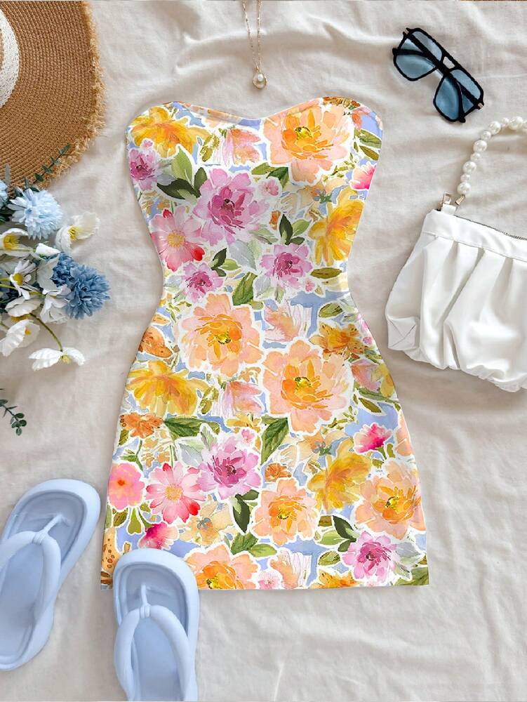 Women's Floral Print Bandeau Mini Dress Elegant Casual Vacation Outfit Chic Summer Sundress Romantic Beachwear Party Clothing For Women