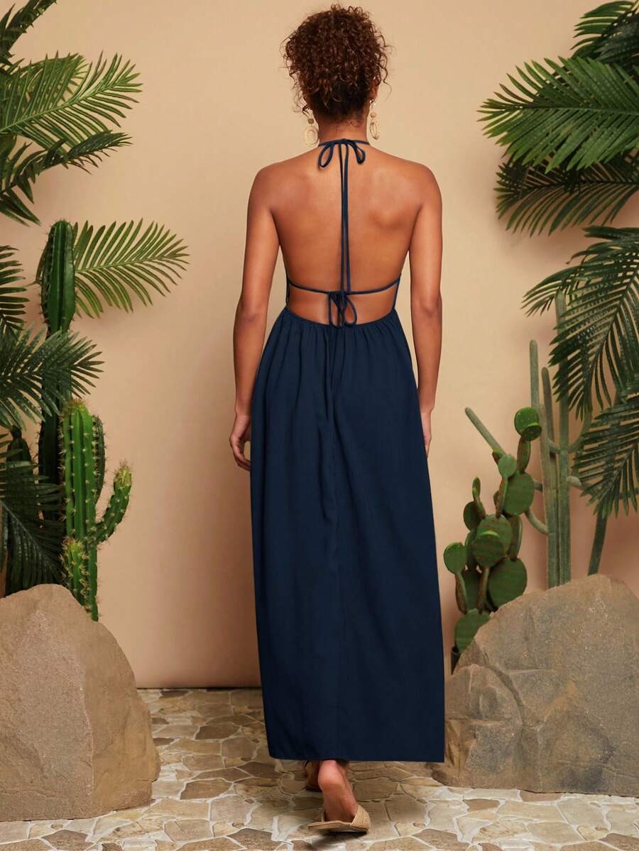 Women's Green Halter Neck Maxi Dress Woven V Neck With Slit Hem Elegant Summer Vacation Outfit Beach Party Boho Festival Casual Wear