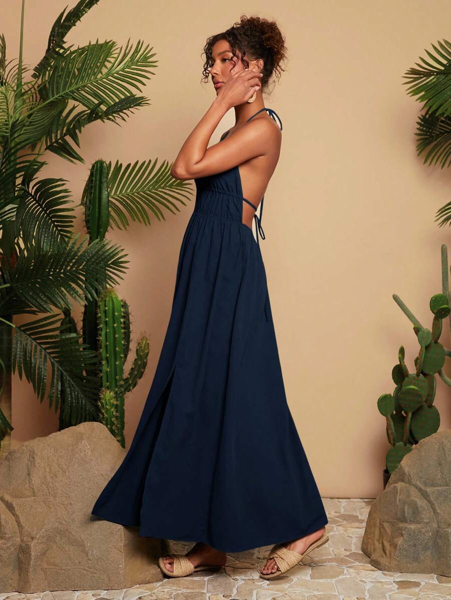 Women's Green Halter Neck Maxi Dress Woven V Neck With Slit Hem Elegant Summer Vacation Outfit Beach Party Boho Festival Casual Wear