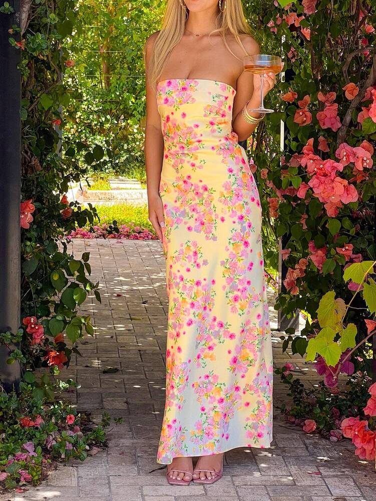 Women's Strapless Floral Maxi Dress Digital Print Backless Bodycon Sexy Summer Party Outfit Vacation Beach Formal Cocktail Sundress