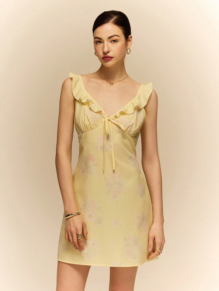Women's Floral Print Ruffle Trim Cami Mini Dress Light Yellow Elegant Summer Outfit Vacation Casual Pastel Sundress Cute Romantic Wear