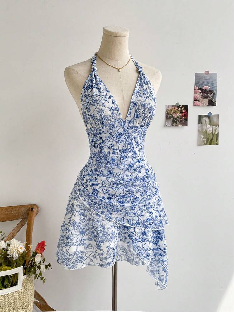 Women's Vintage Floral Mesh Dress Blue White Print V Neck Tie Up Ruched Romantic Summer Outfit Vacation Pastel Sundress For Women