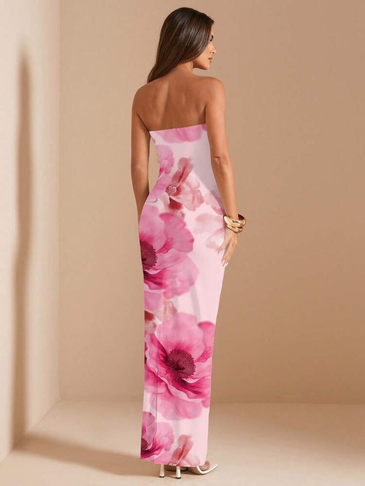 Women's Bandeau Fitted Long Dress Pink Floral Elegant Maxi Outfit Summer Vacation Beach Holiday Party Birthday Wedding Guest Sundress