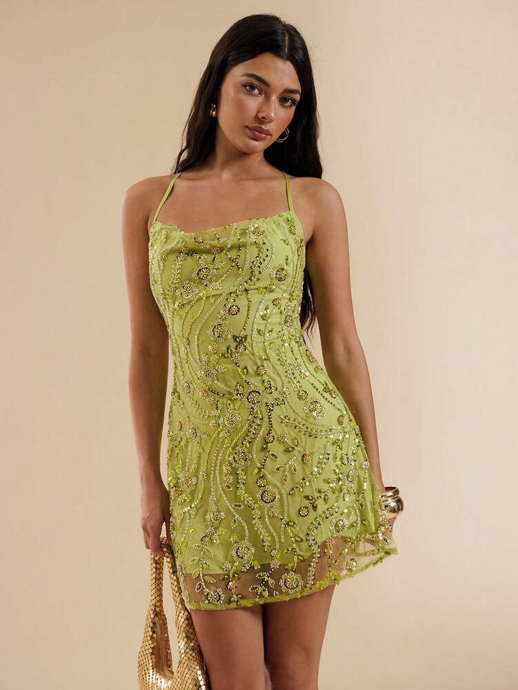 Women's Spaghetti Strap Mini Dress With Beaded Floral Detail Backless Sexy Elegant Summer Outfit Club Party Vacation Sundress For Women