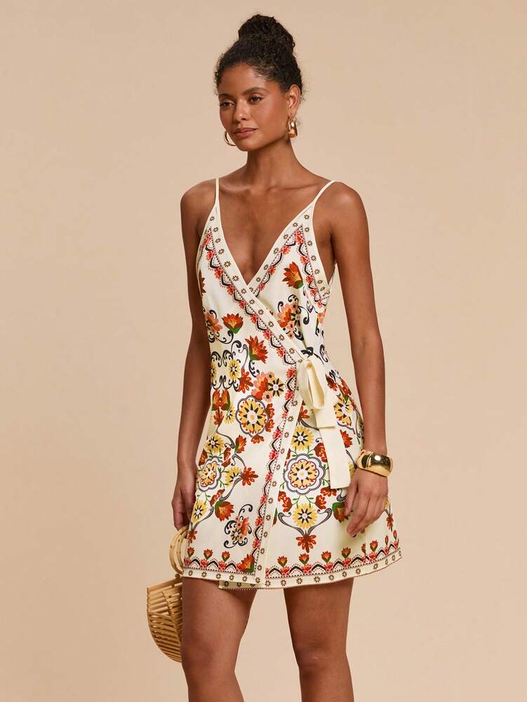 Women's Bohemian Print Bow Knot Wrap Dress Vacation Beach Party Outfit Black Parrot Cherry Blossom Tropical Summer Sundress Casual Wear