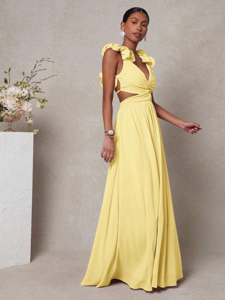 Women's Strappy Back Maxi Dress With Ruffle Shoulders Pleated Cut Out Detail Elegant Flowy Summer Outfit Wedding Guest Party Clothing