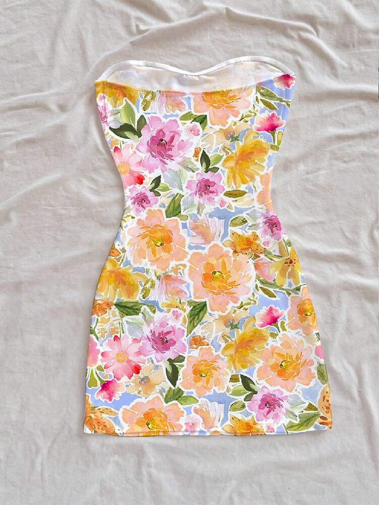 Women's Floral Print Bandeau Mini Dress Elegant Casual Vacation Outfit Chic Summer Sundress Romantic Beachwear Party Clothing For Women
