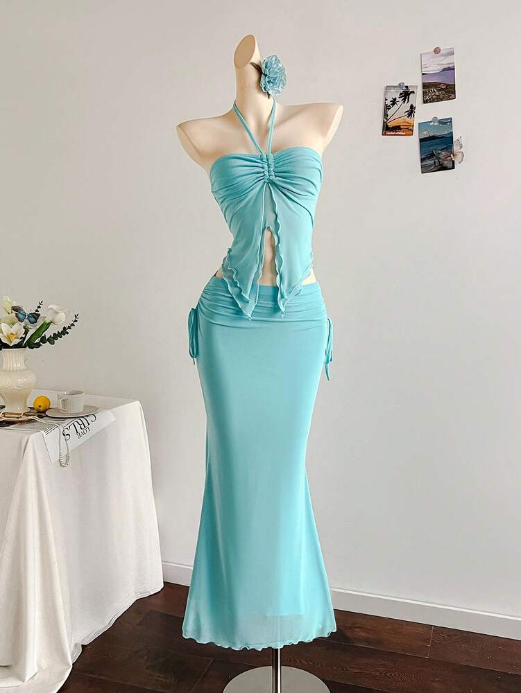 Women's Blue Mesh Strapless Two Piece Dress With Ruffle Hem Elegant Bohemian Vacation Outfit Beach Wedding Guest Birthday Party Dinner