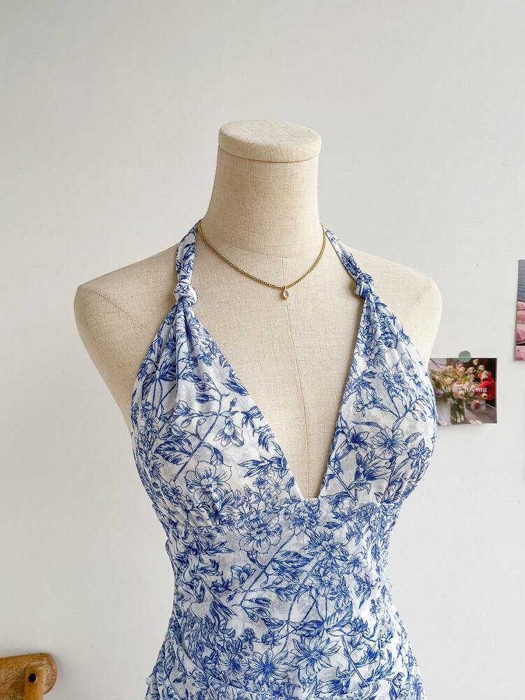 Women's Vintage Floral Mesh Dress Blue White Print V Neck Tie Up Ruched Romantic Summer Outfit Vacation Pastel Sundress For Women