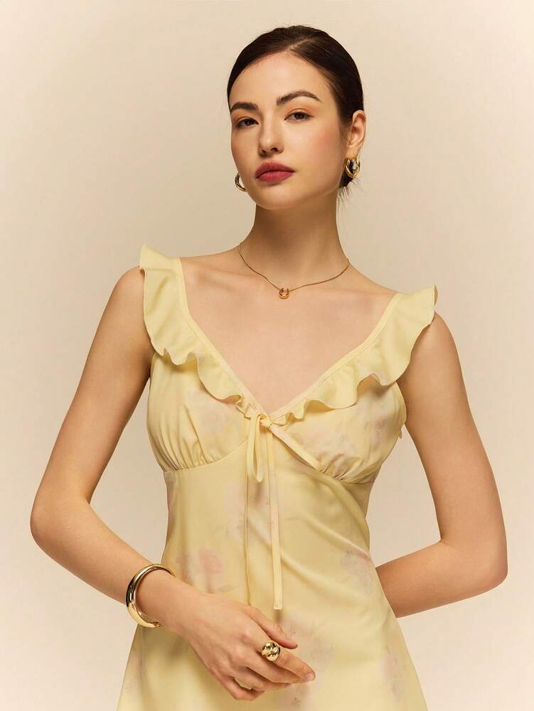 Women's Floral Print Ruffle Trim Cami Mini Dress Light Yellow Elegant Summer Outfit Vacation Casual Pastel Sundress Cute Romantic Wear